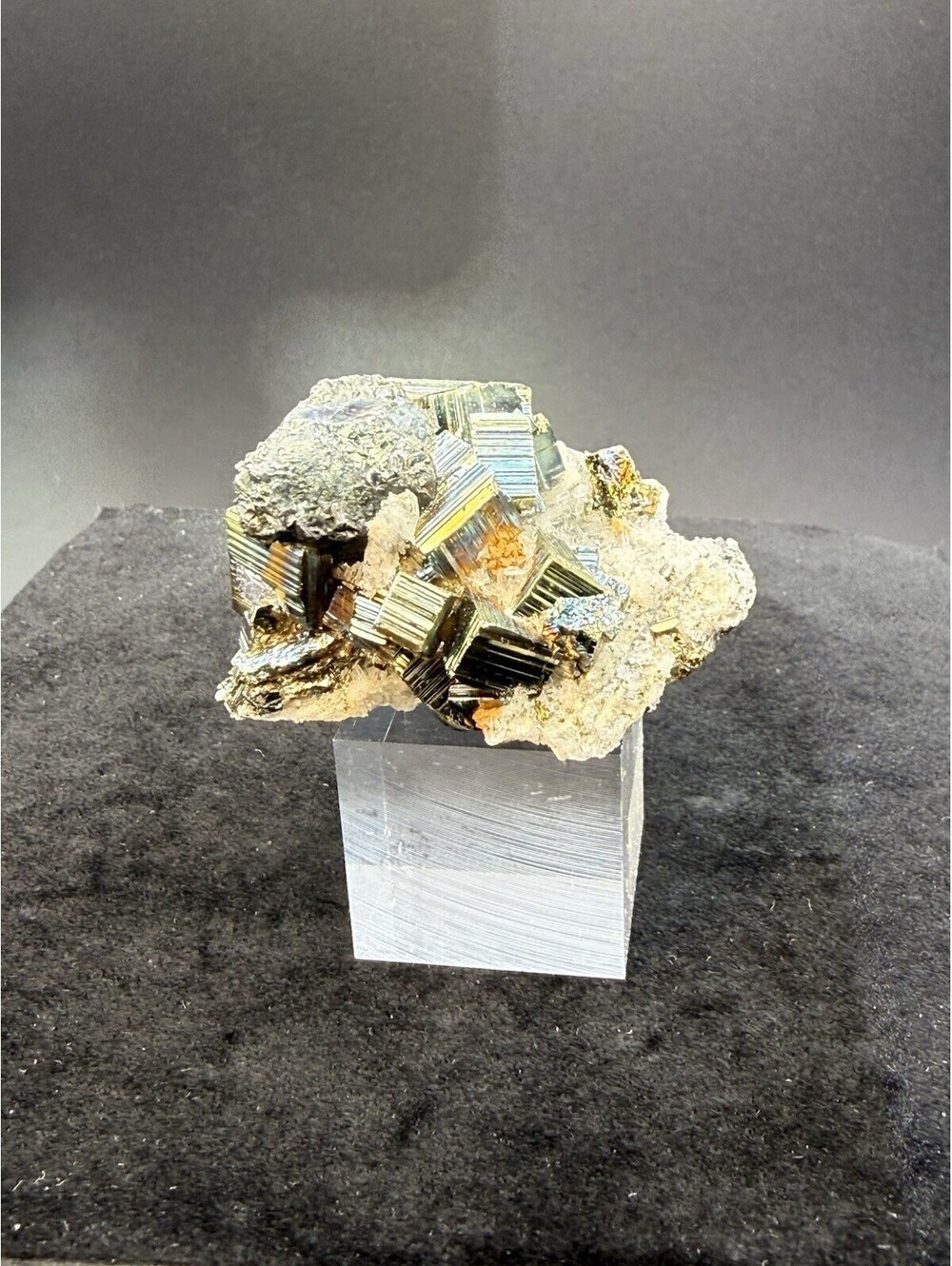 Naturally Iridescent Pyrite On Quartz Indonesia Rainbow Mineral Specimen